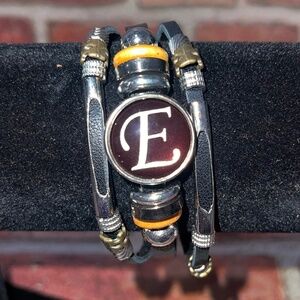 Single Letter Black Charm Bracelet Black Multilayer Leather Fashion Jewelry Boho